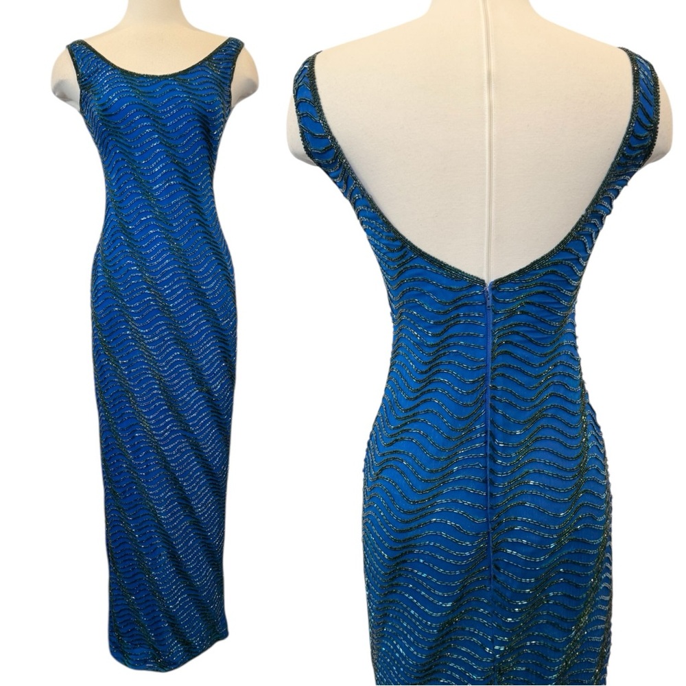 🔥 SCALA 100% Pure Silk Beaded Sapphire Blue Prom Maxi Dress Mermaid Evening Gown